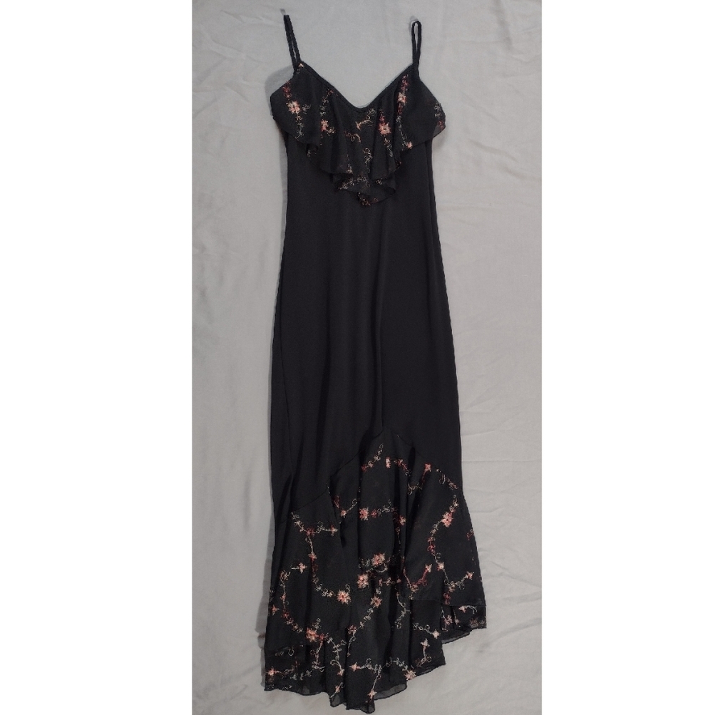 Vintage Petra Fashions Black Embroidered Ruffle High Low Slip Dress Nightgown